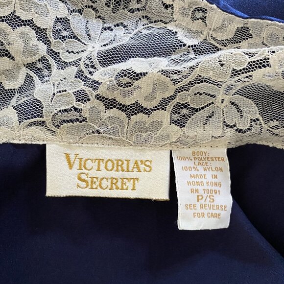 VTG Victoria's Secret Womens P/S Satin Night Shirt Navy w Nude Lace Trim Collar - Picture 9 of 10